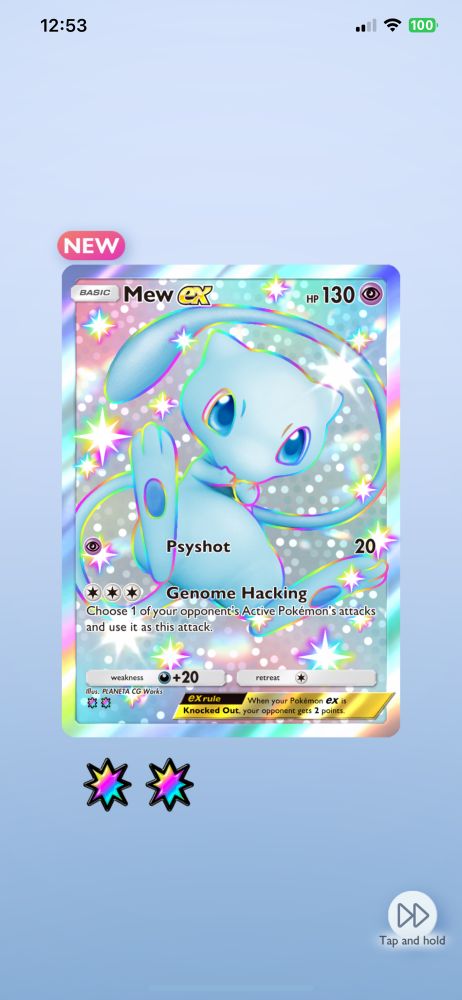 Screenshot from Pokémon Trading Card Game Pocket, or PTCGP/TCPG. The author of the post has pulled a shiny Mew Ex card from a booster pack.