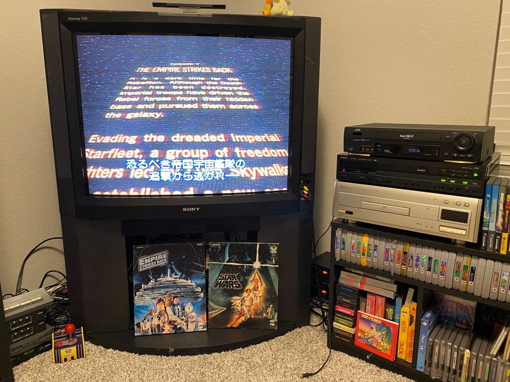 Star Wars Empire Strikes Back being played back on a CRT in the VHD format, with a new Pioneer LaserDisc player at the bottom of the media player tower on the right.
