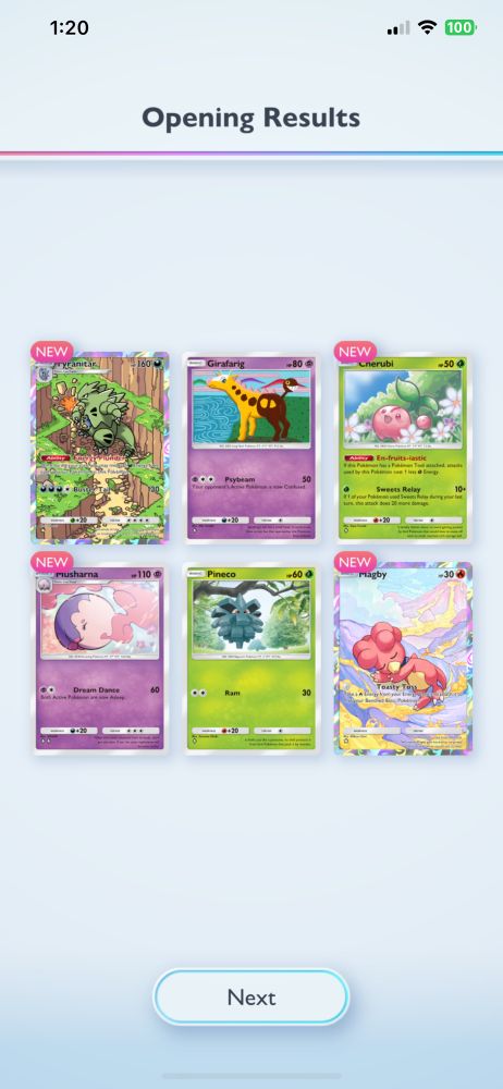 Pokémon Trading Card Game Pocket screenshot, showing 6 cards pulled from a pack as opposed to the typical number of 5.