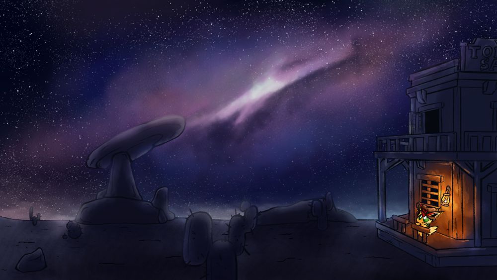 Digital artwork depicting a desert at night, featuring cacti and rock formations, and illuminated only by the brilliant night sky - full of stars with the Milky Way galaxy visible. On the right side is a western saloon, having the poster's Victini OC, Tornado, leaning on a handrail, looking up toward the sky. A torch on the wall behind him lights him up and the area roughly around him.