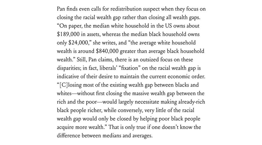 Pan finds even calls for redistribution suspect when they focus on closing the racial wealth gap rather than closing all wealth gaps. “On paper, the median white household in the US owns about $189,000 in assets, whereas the median black household owns only $24,000,” she writes, and “the average white household wealth is around $840,000 greater than average black household wealth.” Still, Pan claims, there is an outsized focus on these disparities; in fact, liberals’ “fixation” on the racial wealth gap is indicative of their desire to maintain the current economic order. “[C]losing most of the existing wealth gap between blacks and whites—without first closing the massive wealth gap between the rich and the poor—would largely necessitate making already-rich black people richer, while conversely, very little of the racial wealth gap would only be closed by helping poor black people acquire more wealth.” That is only true if one doesn’t know the difference between medians and averages.