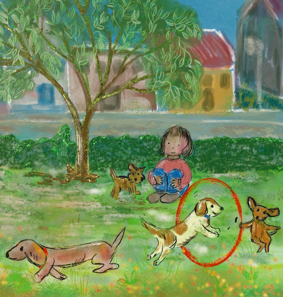 A park with a jack russell with floppy ear jumping through a hoop held by a little dog. A tree in the background and houses . A sausage dog wandering off and a person with their Scottish terrier