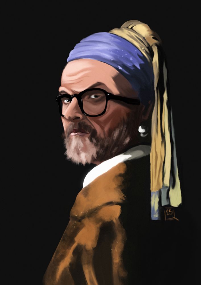 A digital painting of Greg Davies as the “Girl With A Pearl Earring”.