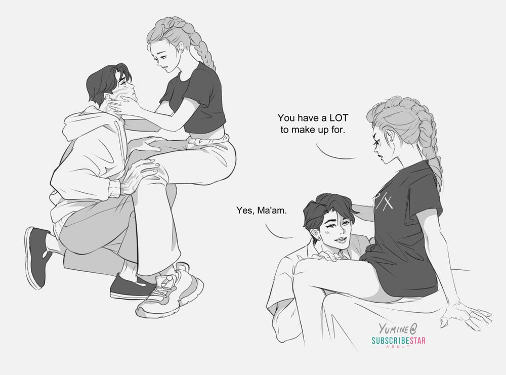 B&W sketches of Rumi x Jinu:
1. Jinu crouches at Rumi's feet, both dressed in casual clothes, while she holds his face. His demon marks are visible.
2. Jinu in a collared shirt kneels between Rumi's naked thighs (she wears an oversized black Huntrix tee). Rumi: "You have a LOT to make up for." Jinu, grinning and licking his lips: "Yes, Ma'am."