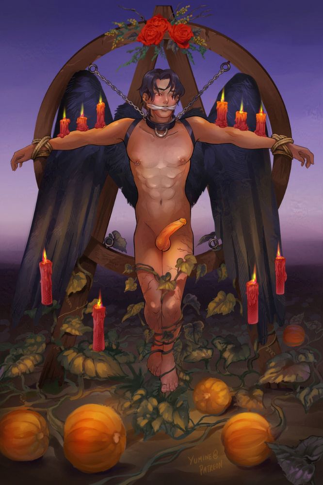Spooky painted illustration of a winged, dark haired man tied to a wooden circular frame. Glowing pumpkins grow beneath his feet