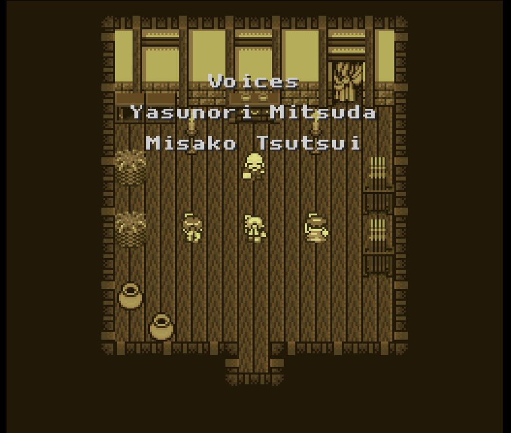 A screenshot of the credits for the "Xin Shan Quan" scenario in the SFC version of "Live a Live".
Listed under the category of "Voices" is Yasunori Mitsuda and Misako Tsutsui.
