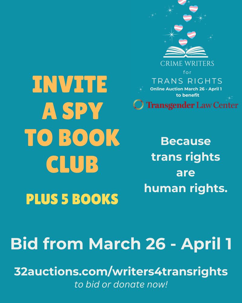 Invite a spy to book club on a teal background, advertisement for Crime Writers for Trans Rights auction to benefit the Transgender Law Center