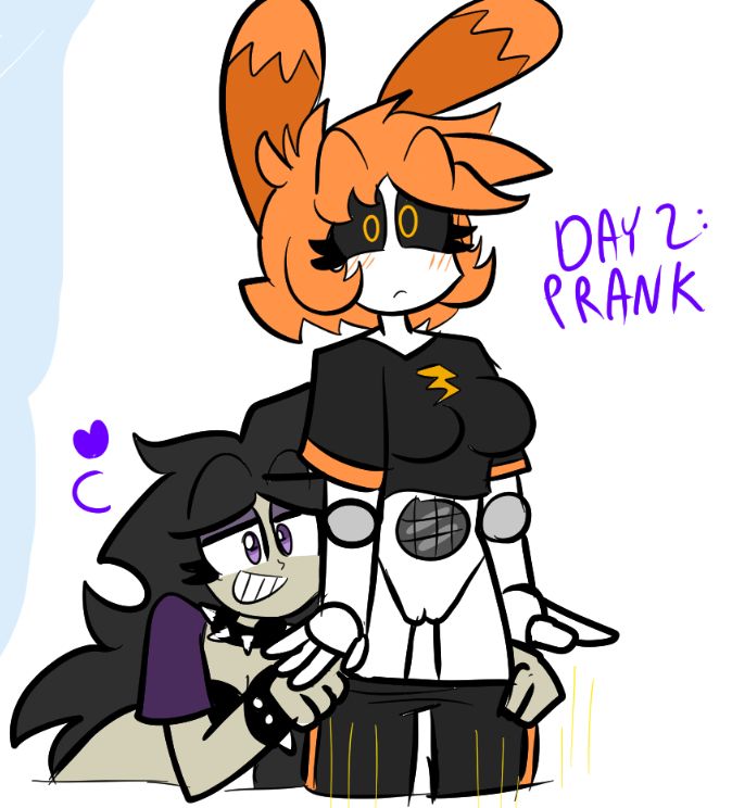 Camilla pulling down Symmetry´s shorts as a prank. Symmetry is blushing and embarrassed but hasnt even noticed her shorts are down yet.