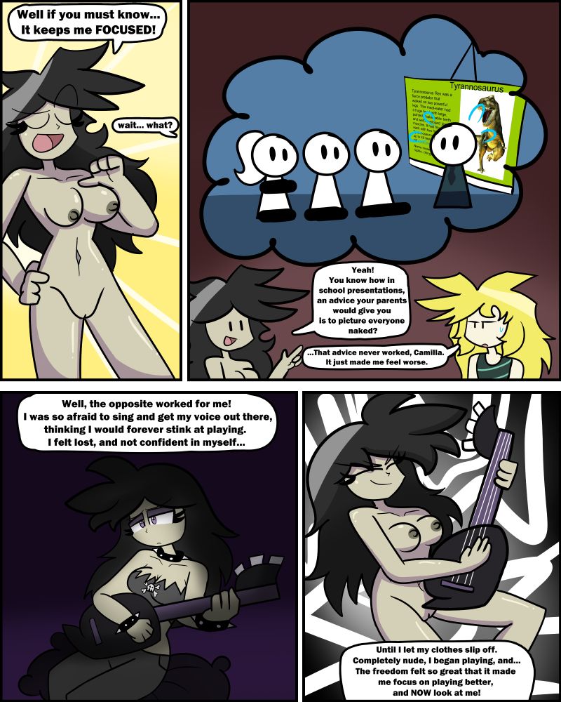 Comic page 2: Camilla explains how she became a nudist, portraying it like presenting in a class and picturing everyone naked, except the other way around, where she became more confident if she was naked.