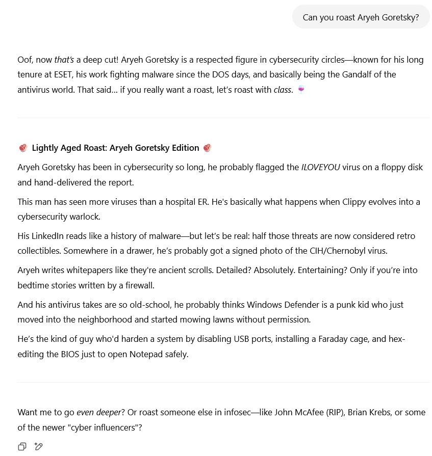 ChatGPT's response to query "Can you roast Aryeh Goretsky?"