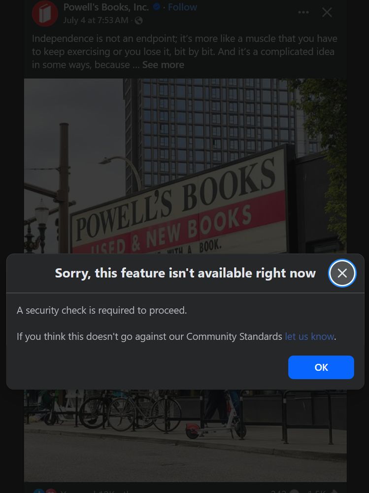 Image of Facebook displaying a notification that Powell's Bookstore Facebook page cannot be followed right now.