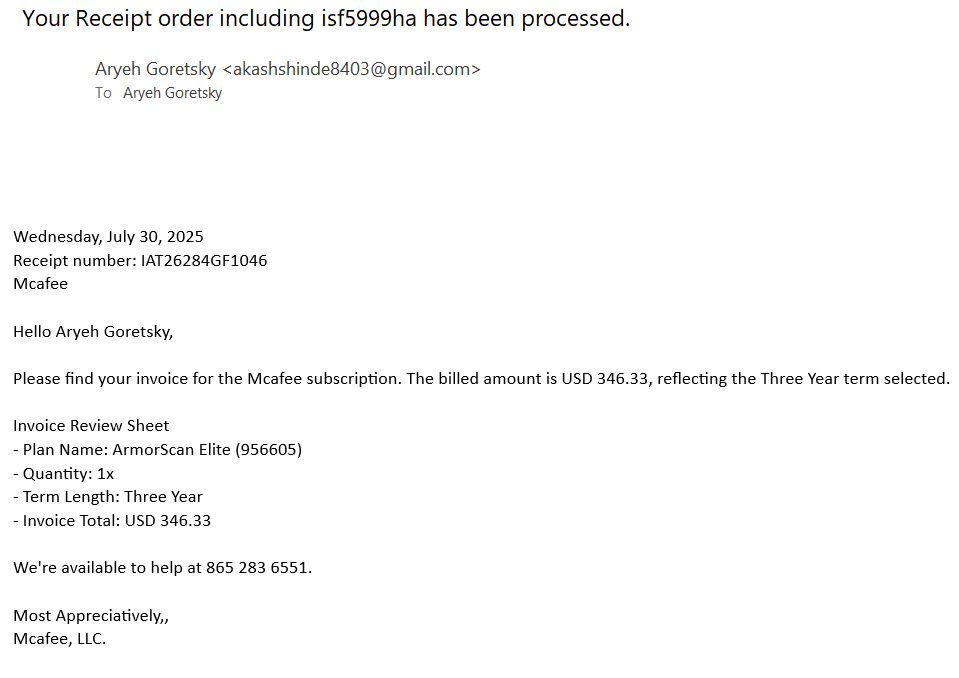 image of phish showing McAfee capitalized incorrectly