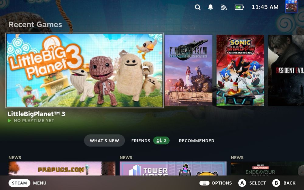 Little big planet 3 on the home menu of SteamOS