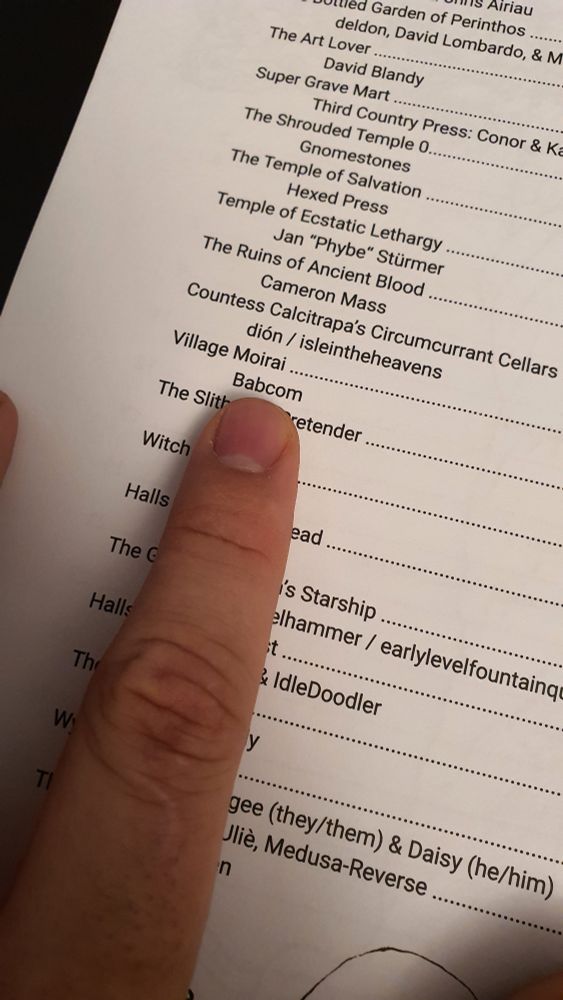 A finger pointing to an entry in the table of contents designating my entry - Village of the Moirai by Babcom