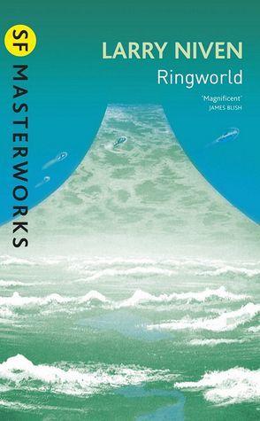 The cover to the book Ringworld by Larry Niven. It depicts a view of the ringworld as seen from the ground. A green lush land with lakes and clouds stretches into the horizon and disappears into the vanishing point