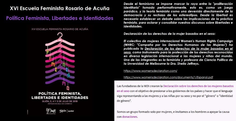 Captura del programa de la XVI Escuela Feminista Rosario de Acuña de 2019, en el que mencionan directamente a Women's Declaration International.