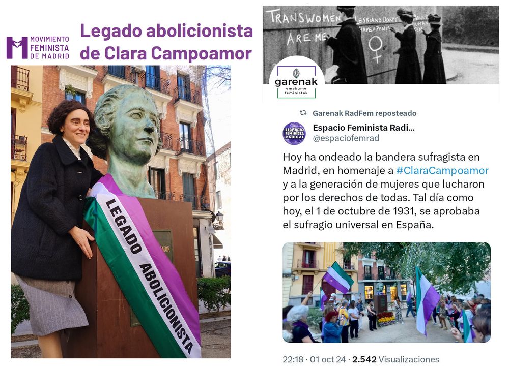 Captura de la web de Movimiento Feminista de Madrid y un tweet de otro grupo anti-trans en los que aparecen con banderas y una banda con los colores de WSPU en un acto homenaje a Clara Campoamor en Madrid, España.