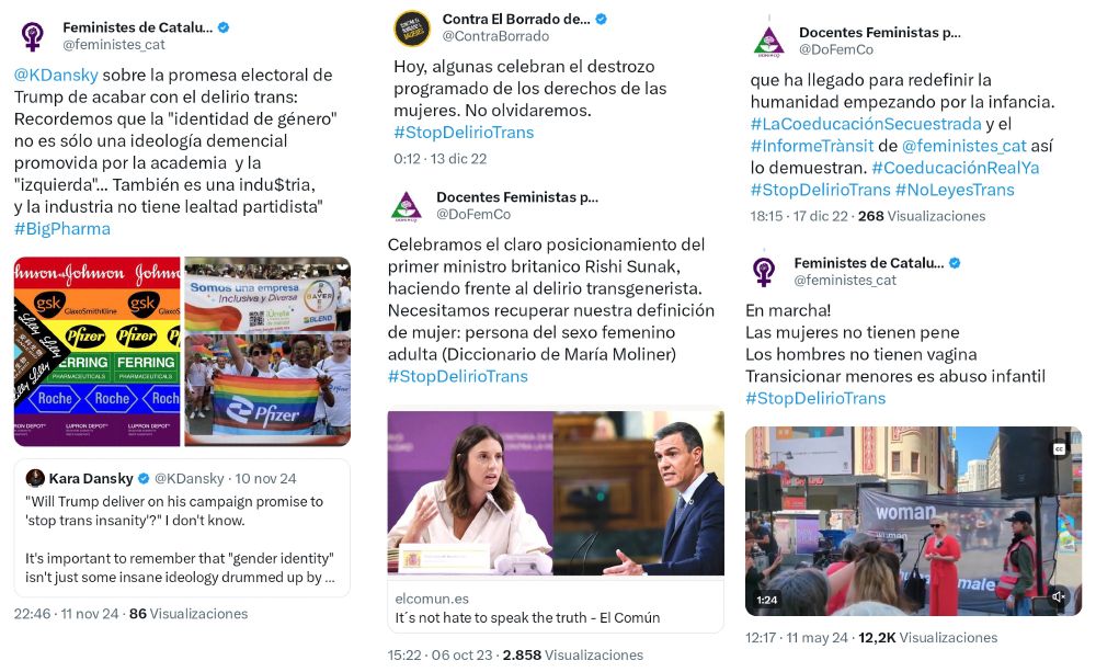Capturas de tweets del lobby TERF español en los que usan expresiones como "Stop delirio trans" o "haciendo frente al delirio transgenerista".