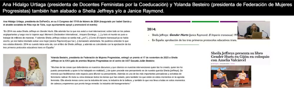 Imagen que muestra a varias integrantes del lobby TERF español alabando en eventos de 2023 y 2024 a las figuras de Janice Raymond y/o Sheila Jeffreys.