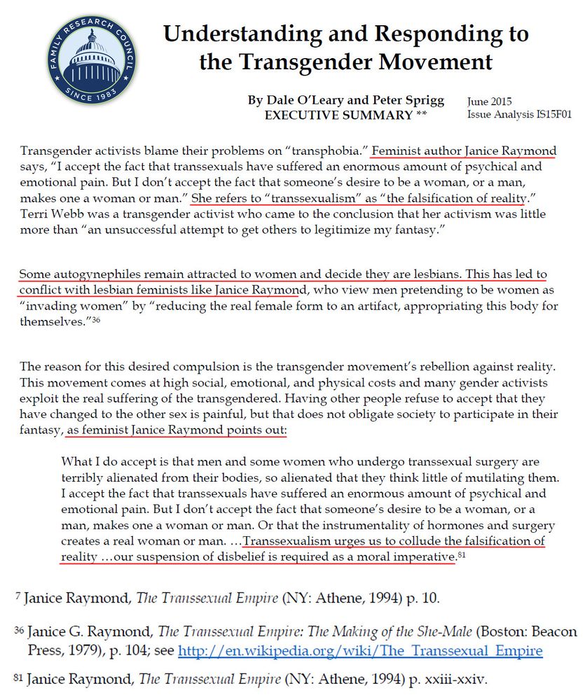 Extracto de un documento anti-trans de 2015 del grupo religioso de EEUU "Family Research Council" que menciona a Janice Raymond en tres ocasiones.