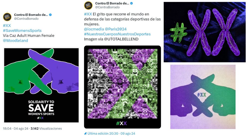 Capturas de tweets de ContraBorrado e imágenes que muestran cómo el lobby TERF combina los colores de WSPU con el símbolo XX.