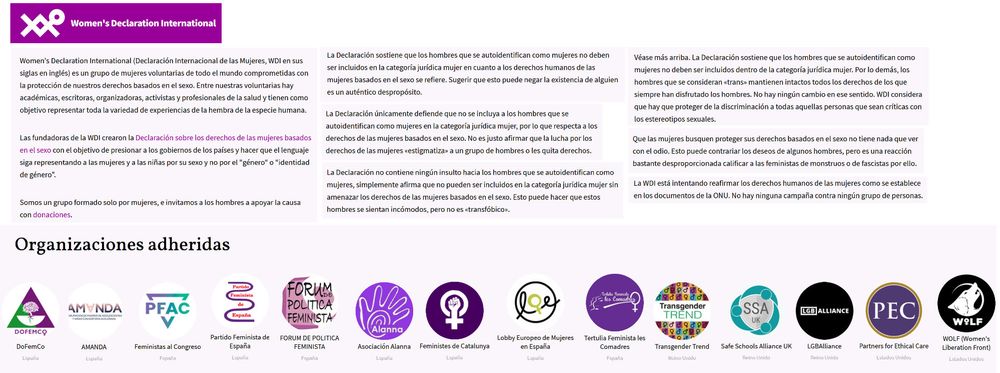 Imagen que muestra algunas de las organizaciones anti-trans adscritas a Women's Declaration International, incluyendo a grupos españoles como DoFemCo o AMANDA, entre otros.