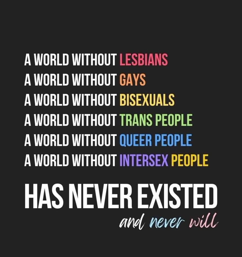 A world without lesbians 
A world without gays 
A world without bisexuals 
A world without trans people 
A world without queer people 
A world without intersex people 

HAS NEVER EXISTED
and never will 