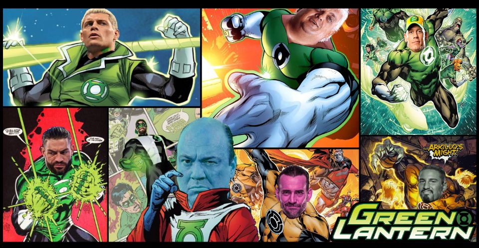 A collage of different wrestlers as green lantern characters 