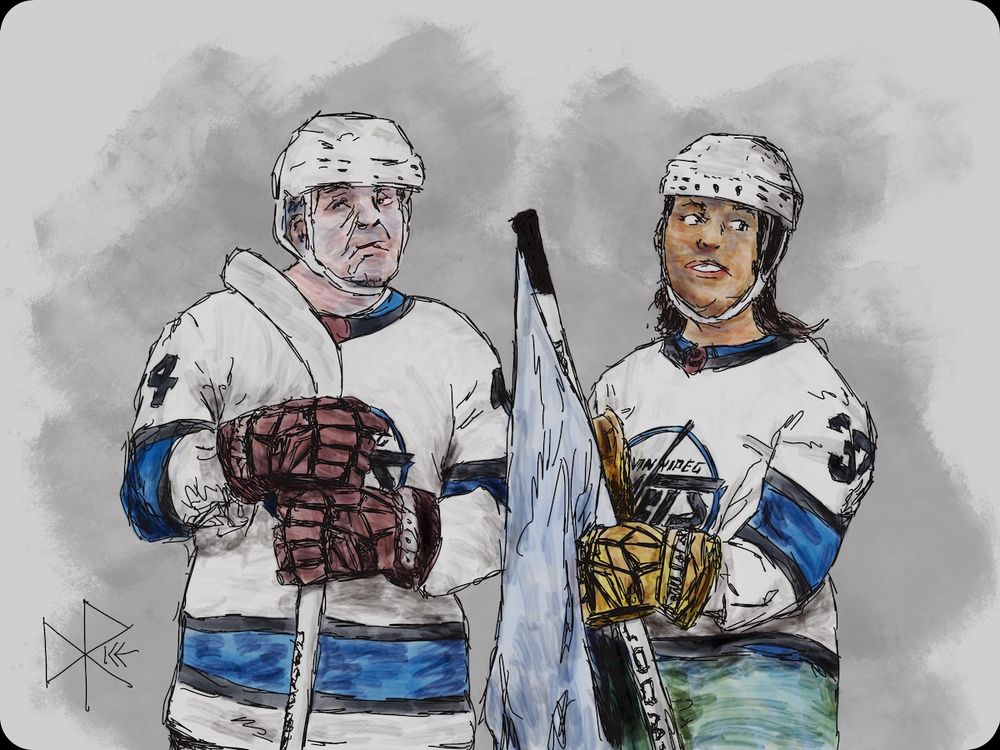 Winnipeg Whiteout
#helmetheads #ontheedgeofablizzard #everydayisagreatdayforhockey
Two Winnipeg Jets fans, dressed in white hockey helmets and white ‘away’ jerseys, are prepared for the first of the 2025 WINNIPEG WHITEOUT playoff games as they host the St. Louis Blues. Sketch art by Don Rice.