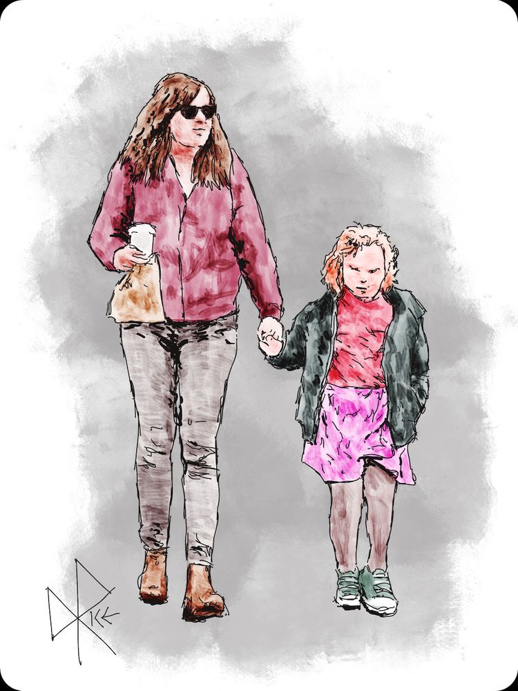 On Wednesdays, We (Sometimes) Wear Pink
#bethechildinpursuitofknowledge #holdhandsholdhearts #teachwhatyoulearn
A woman and a young girl walking while holding hands. The girl is wearing a pink skirt, and the woman is wearing a pink sweater and holding a take-out coffee and bagged food. Sketch art by Don Rice.