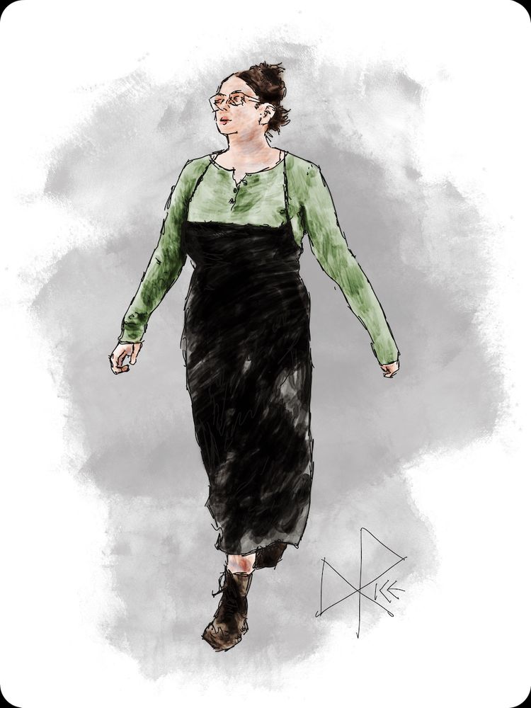 Shopgirl
#buylocal #averagegroceriestravelfartherthanaveragevacations #forsakeselfcheckouts
A woman working at a farmers market, walking briskly while wearing a long black apron. Sketch art by Don Rice.