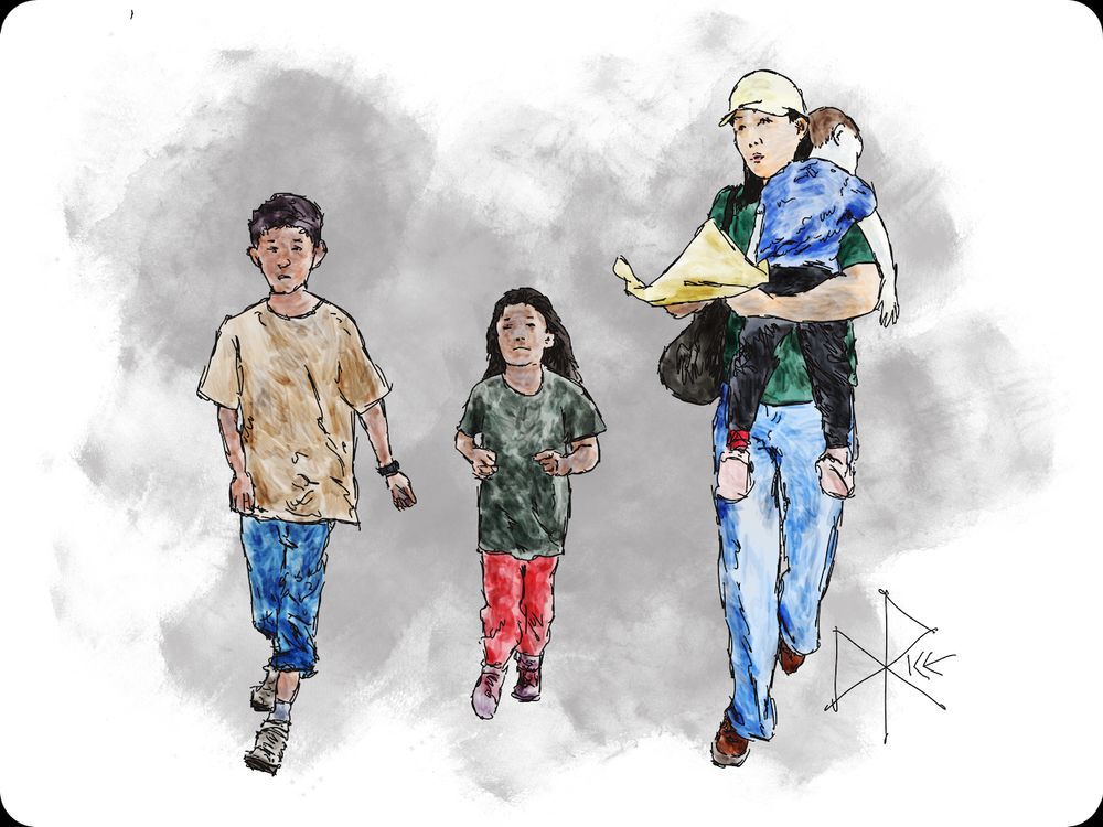 Mom Shepherds Kids Into a Matinee Movie
#cinemaissomethingbetweenartandlife #enjoythesummerdays #bigthingshavesmallbeginnings
A woman carries a sleepy young child across her shoulder as she holds some parchment paper wrapped food with her other hand. Her two older kids excitedly parade around beside her. Sketch art by Don Rice.