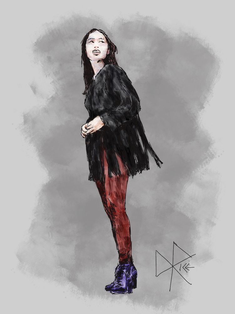 A woman standing tall - wearing a dark fringed shirt, red tights and high heeled boots. Sketch art by Don Rice.
#lookinggood #classicfashion 
