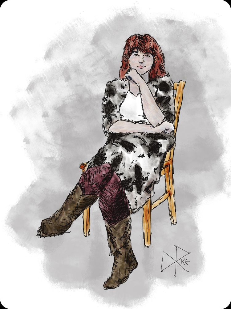 A Seated Cowgirl
#optimismwearsheavyheavyboots #knowwhattodowithyourlegs #athousandsecrets
A woman seated on a wooden chair, legs crossed, wearing brown boots and a cow-print skirt and top, over a white t-shirt. Sketch art by Don Rice.