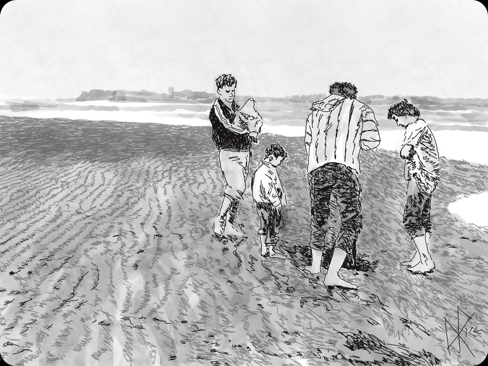 Clam Diggers
#chowdertonight #activitycanbecomemeditative #squeezingsandbetweentoes
A family digs for clams on the beach. Sketch art by Don Rice.
