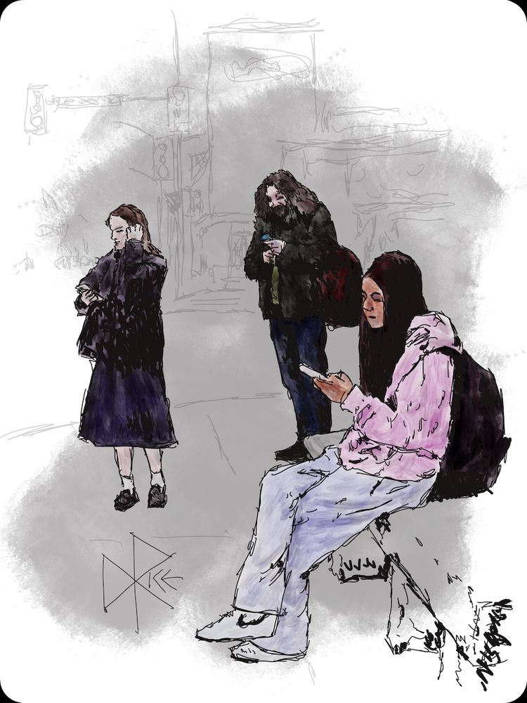 Waiting for a Bus at the Intersection of Life and Social
#weareacompositeofeverythingweareawareof #ownyourself #trytoparticipateinatrulysociallife
Each looking at their phones, three people wait for the arrival of a bus. Sketch art by Don Rice.