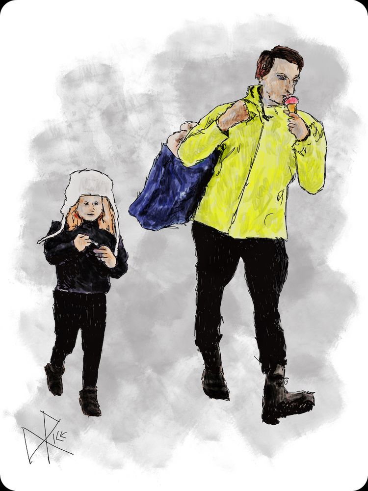 Not Cold Enough to Forego Ice Cream
#agoodfatherisavaluableasset #makewarmmemoriesoncolddays #yousetthestandardsforhowyouwillbetreated
A father and young daughter, dressed for cold weather, walk through the mall while eating ice cream on the go. Sketch art by Don Rice.
