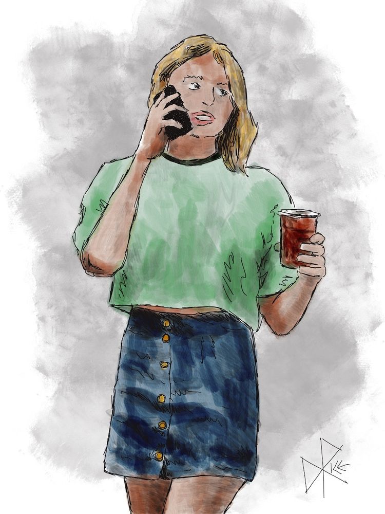 Sorry, I Have to Answer This
#junglejuiceinaredsolocup #answertheimportantcalls #timeawayfromthebrightmotionoftheparty
Young woman at a party, holding her drink while talking on her phone. Sketch art by Don Rice.