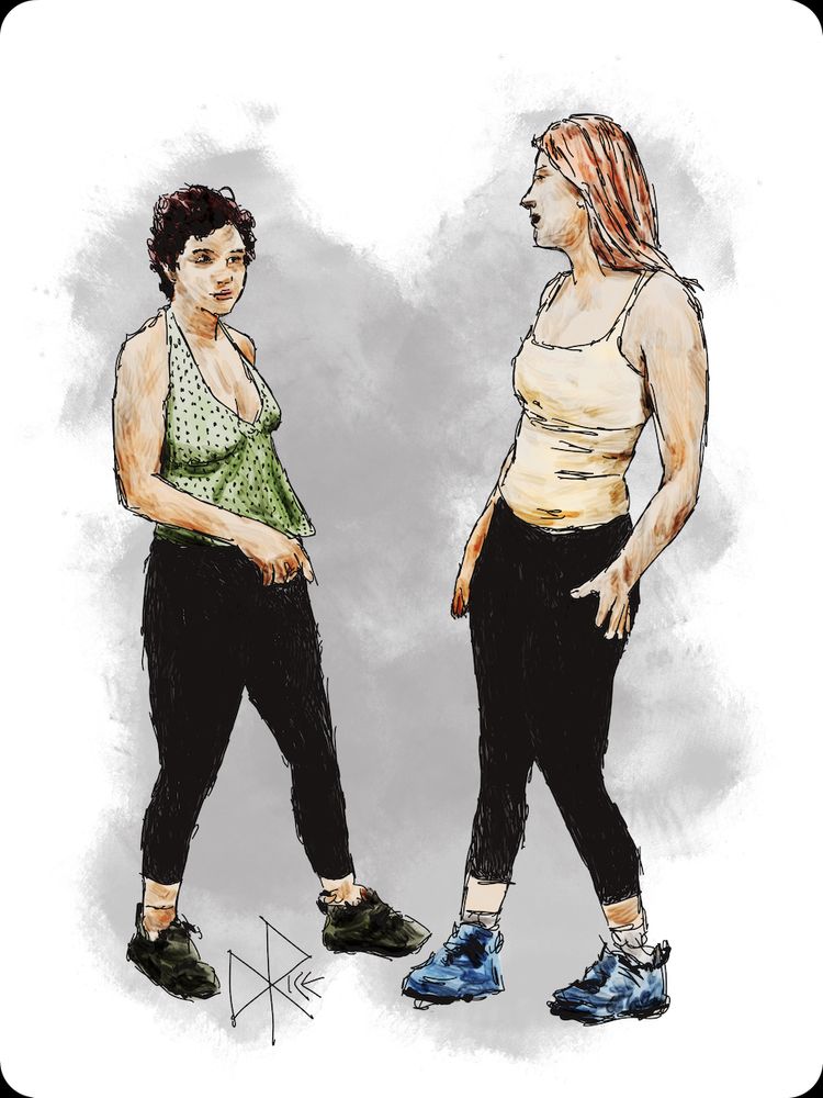 Sisters
#sometimesyouwinbutsometimesyoulearn #siblingsarethepeoplewepracticeon #wrestlingisovercomingobstacles
Two young women face each other, prepared to wrestle. Sketch art by Don Rice.