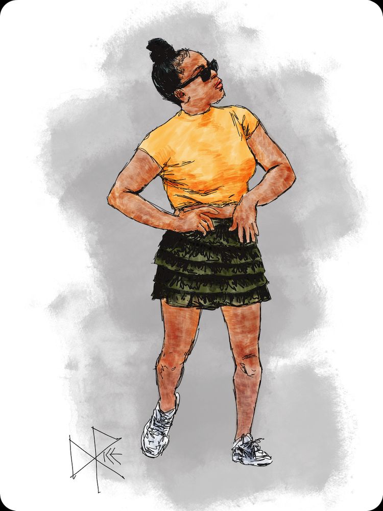 Dancing at a Street Party
#danceisyourpulse #theuniversereturnstoyouwhatyouputout #enjoyeachstepalongtheway
Dressed in sneakers, sunglasses, a yellow shirt and short horizontally layered skirt, a woman dances by herself. Sketch art by Don Rice.