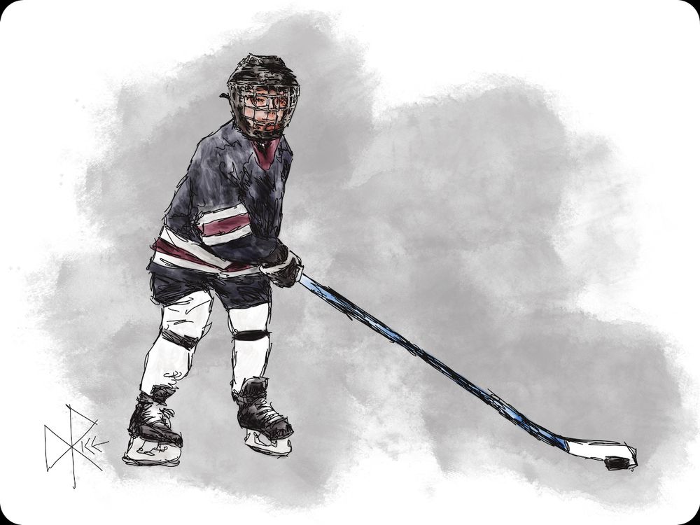 Keep Your Head on a Swivel, Kiddo
#findmomentsofhonestalertness #alwaysstrivingtodobetter #youthofferspromise
A young hockey player, looking around and ready to release the puck off the toe of his stick. Sketch art by Don Rice.