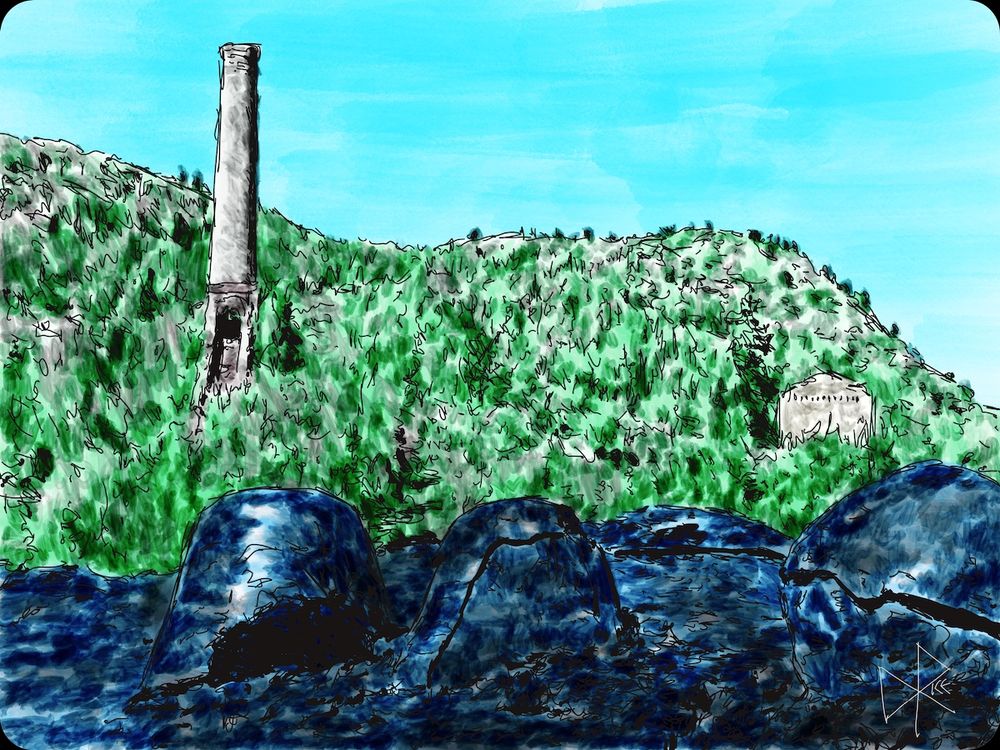 Historic Lotzkar Memorial Park with waste slag or ‘Hell's Bells’, left over from the copper smelting process. The BC Copper Co. smelter was built to handle copper ore from the Mother Lode mine. It operated in Canada near Greenwood, British Columbia from 1901-1918. Sketch art by Don Rice.