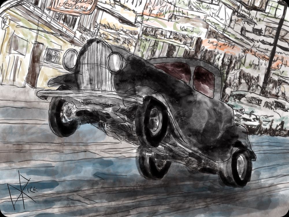 Wheelie! #balanceisthekey #yourenevertoooldtobeyoung #remainaclassicinaworldfulloftrends A black 1940’s coupe, modded as a hot rod, doing a wheelie on a slightly inclined 1950’s city street. Sketch art by Don Rice.