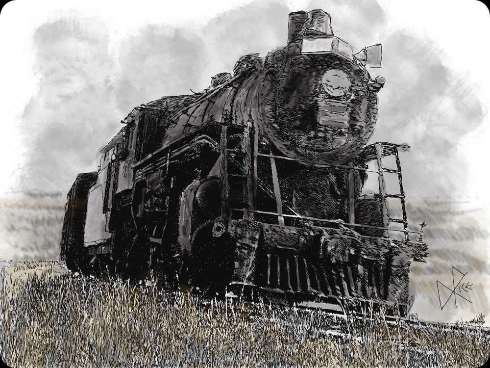 Steam locomotive, on the prairies. Sketch art by Don Rice.