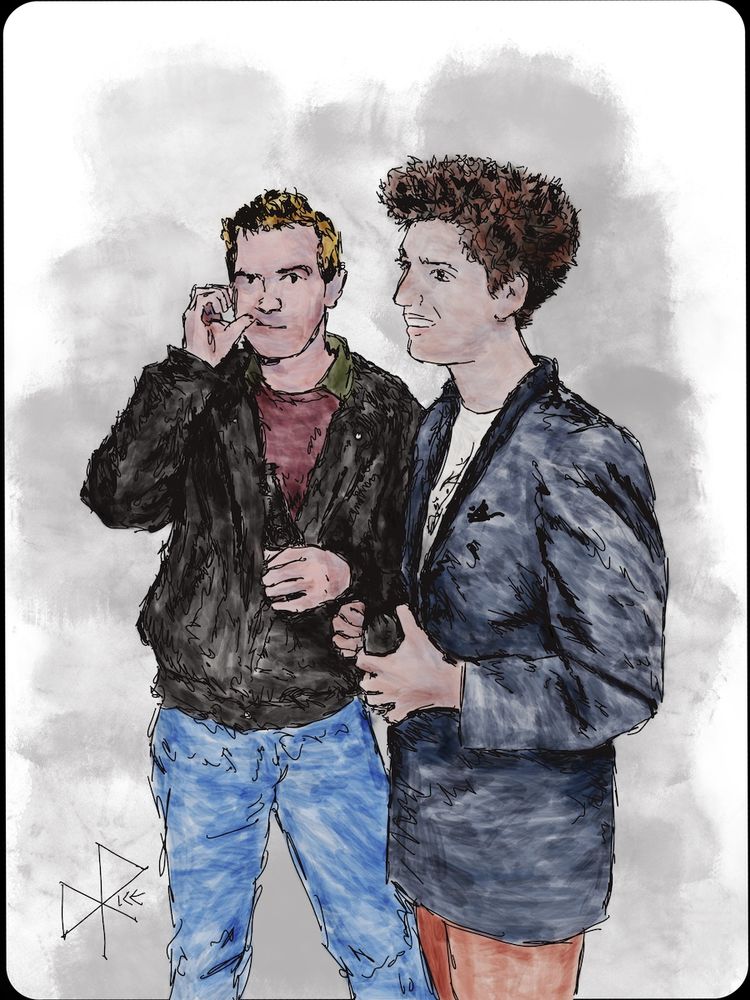 Picking at Teeth During a Gathering
#doyoubiteyourthumbatussir #coldbeeronabeautifulafternoon #teetharealwaysinstyle
A smiling woman stands and holds a beer while behind her a man in a leather jacket, also armed with a beer, picks at his teeth with his thumb. Sketch art by Don Rice.