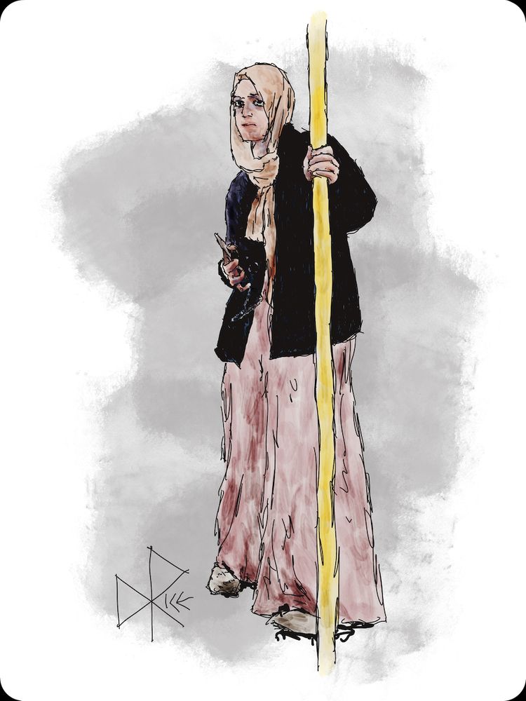 Young Woman Standing While Riding on the Bus
#anymotionisforwardmotion #supportthepublictransitsystem #whereyoustanddetermineswhatyousee
As a standing passenger, a young woman in a hijab shuffles her feet as she holds on to the stanchion while riding on a full bus. Sketch art by Don Rice.