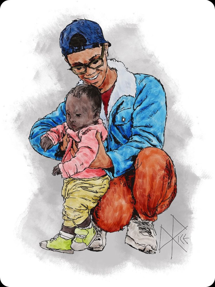 Generations
#giveyourchildrenwings #childrenmakeyouwanttostartlifeover #putyourbestfootforward
Incapable of standing solo, a baby takes a few steps while being held in a vertical posture by a squatting adult. Sketch art by Don Rice.