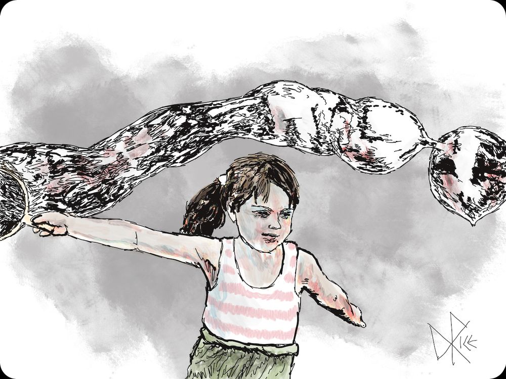 Bubble Girl Runs and Spins
#abubblecanholdauniverse #beiridescentlikeasoapbubble #soapshouldnotsmelllikeanything
A young girl in a pink striped shirt runs in a circle with a large bubble hoop, creating a long worm of soap by trapping some air. Sketch art by Don Rice.