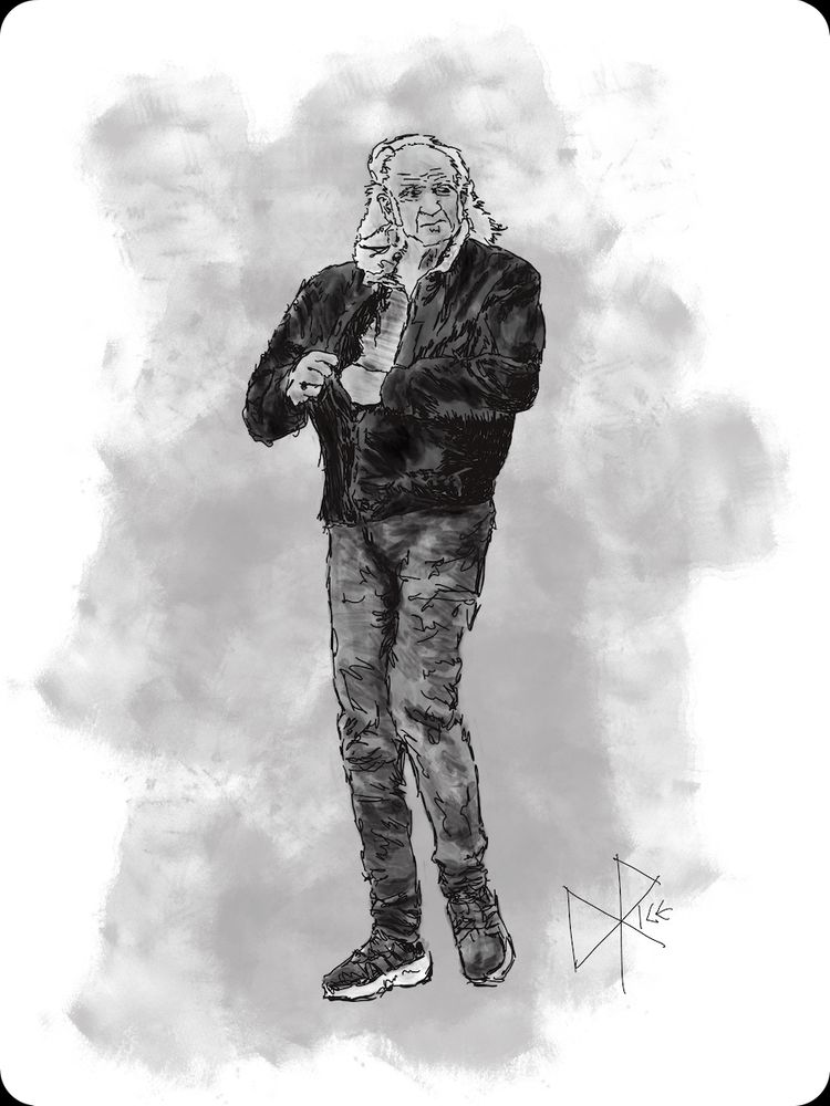 White haired elderly man reaches into his leather jacket, seeking to extract his wallet from the inside pocket. Sketch art by Don Rice.