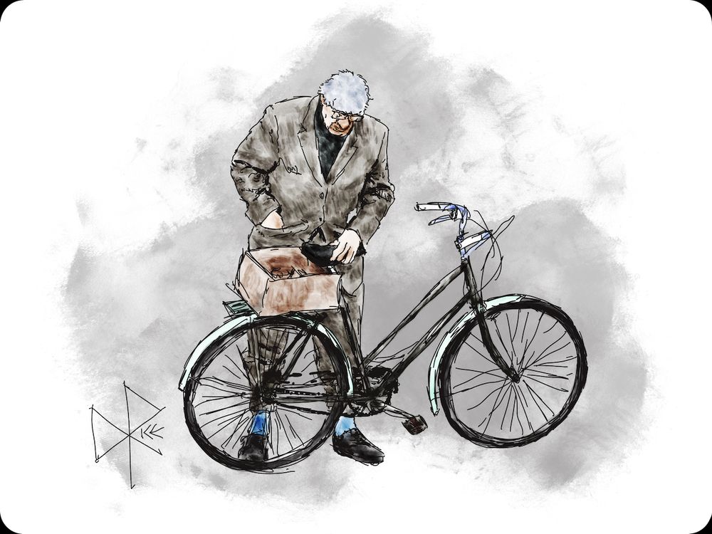 Ready for Another Adventure
#tokeepyourbalanceyoumustkeepmoving #adventureawaits #doerrandsonbikes
An elderly man in a suit holds his bicycle as he prepares to mount and pedal away towards the completion of today’s errands. Sketch art by Don Rice.